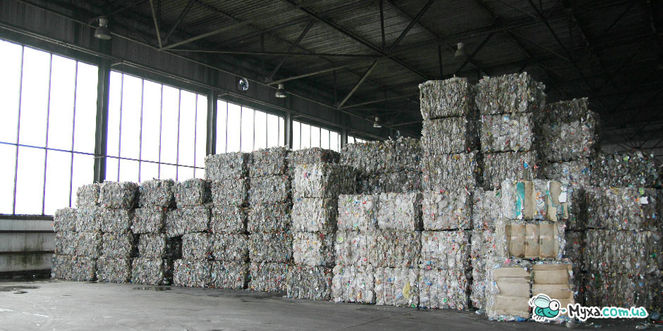 Warehouse of bales of waste paper in the hangar